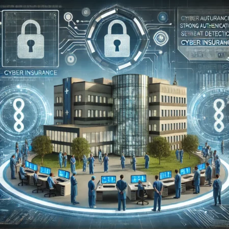 Futuristic healthcare environment protected by advanced cybersecurity measures, featuring digital shields, holographic interfaces, and collaboration between healthcare workers and IT professionals.