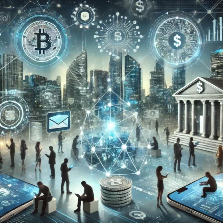 Futuristic fintech landscape with holographic financial graphs, digital wallets, blockchain network, and people interacting via smartphones and tablets, set against modern buildings and a glowing skyline.