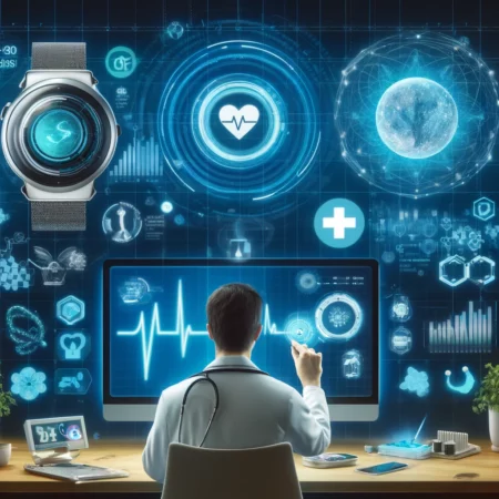 A futuristic depiction of Healthtech and telemedicine, showing a doctor conducting a remote consultation, wearable health devices, AI diagnostics, and 5G connectivity.