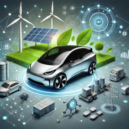 Electric vehicle with green energy sources and digital connections representing a sustainable automotive supply chain.