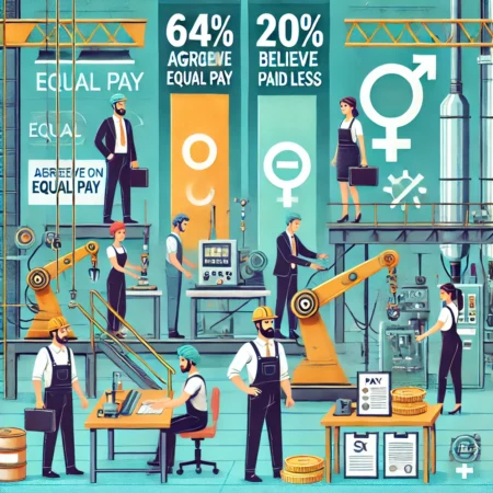 Male and female workers operating machinery in a manufacturing setting, with a pay disparity comparison chart highlighting unequal pay statistics. The image promotes equal pay awareness in the manufacturing industry.