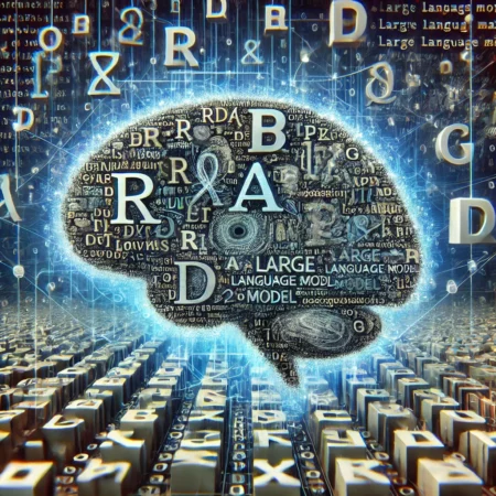 An abstract digital illustration of a large language model (LLM) like ChatGPT struggling to count letters. The image shows a stylized neural network surrounded by scattered letters such as 'r', 'p', and 'm', with layers of tokenized code in the background. The design highlights the complexity and limitations of AI in performing simple tasks like letter counting, blending advanced technology with hints of confusion.