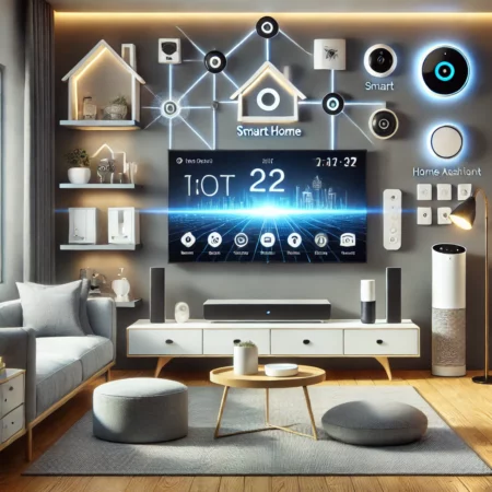 A modern smart home living room featuring IoT devices such as smart speakers, security cameras, and smart lighting, integrated into a sleek, minimalist space.