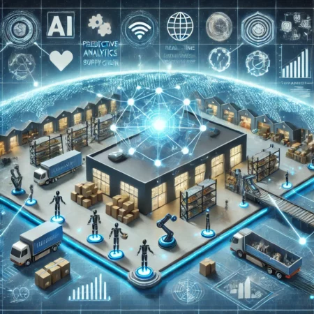 Illustration of AI-powered robots managing inventory in a retail warehouse with digital data streams and a global network representing the interconnected AI-driven supply chain.