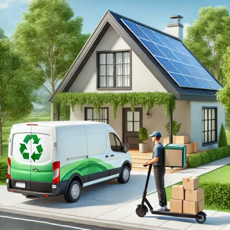 A delivery van with an eco-friendly logo is parked in front of a modern home with solar panels on the roof. A delivery person on an electric scooter carries packages to the door. The scene is set in a clean, sustainable neighborhood, with trees in the background, representing environmentally friendly and energy-efficient home delivery methods.