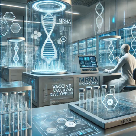 A futuristic lab with mRNA technology equipment and a scientist working on vaccine development.