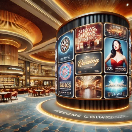 This image showcases a vibrant casino floor with large, dynamic digital screens displaying personalized content for guests. The luxurious backdrop includes amenities like a high-end restaurant and bar, integrated seamlessly with the screens promoting events, dining, and entertainment options, creating an immersive guest experience.