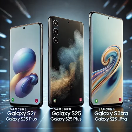 This image features the three models of the Samsung Galaxy S25 series side by side: the standard Galaxy S25, Galaxy S25 Plus, and Galaxy S25 Ultra. Each model is displayed against a high-tech background, emphasizing their sleek, futuristic design and slightly thinner bezels.