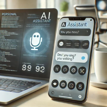 A personal AI assistant interface responding to voice commands on a smartphone and laptop, integrated in a modern office setting.