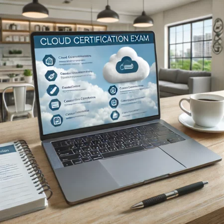 A cloud certification exam being taken on a laptop with exam questions on cloud computing services.