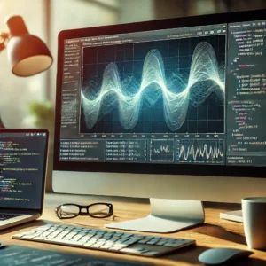 A computer screen displaying a Matplotlib chart with a sine wave, used for data visualization in Python.