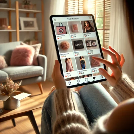 A young person in their early twenties shopping online using a smartphone while browsing social media, with the phone screen showing a fashion retailer's online shopping cart.