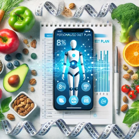 Here is an image for your article, visually representing a personalized diet plan powered by AI with a mix of technology and health elements. It includes a smartphone displaying a meal plan, surrounded by fresh foods, signifying health and fitness.