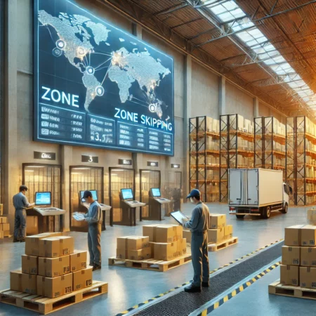 An organized e-commerce warehouse with neatly stacked packages, workers using digital scanners, and a large map showing shipping zones. High-tech efficiency in logistics.