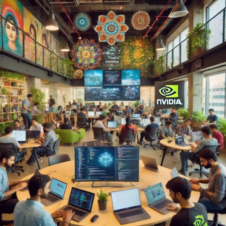 A vibrant AI-driven startup hub in Bengaluru, India, featuring developers collaborating on AI technologies using Nvidia tools. The workspace reflects a mix of modern tech with traditional Indian decor.