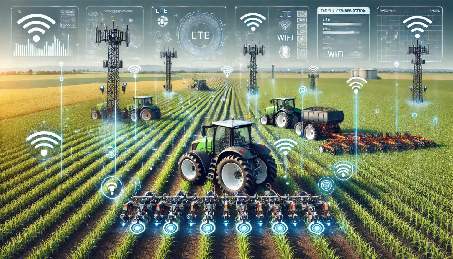 A high-tech agricultural scene showing advanced farming machinery operating autonomously in a green crop field. The machinery is equipped with visible sensors and wireless communication devices, representing LTE and WiFi capabilities for real-time connectivity. The scene highlights the integration of modern technology in a realistic farming environment, with digital data overlay effects symbolizing the system’s ability to detect obstacles and process data autonomously. The field and clear blue sky give the scene a clean, futuristic look suitable for illustrating articles on autonomous agriculture.