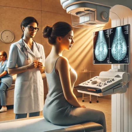 A woman undergoing breast cancer screening with assistance from a radiologist and technician, showcasing advanced mammography equipment in a modern clinic.A woman undergoing breast cancer screening with assistance from a radiologist and technician, showcasing advanced mammography equipment in a modern clinic.