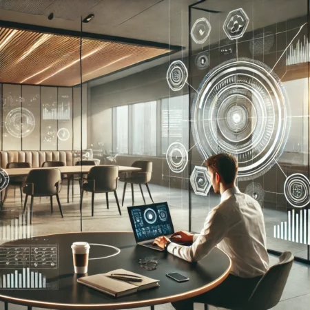 a tech professional in a modern office, surrounded by visuals representing technology and innovation. This setting highlights productivity in the tech industry, ideal for SEO-focused content on careers and trends in technology.