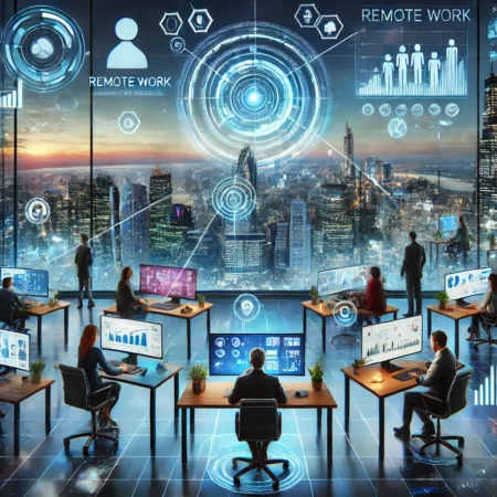 an engaging image capturing a futuristic, global remote workspace. It illustrates diverse professionals working from unique environments, highlighting collaborative and tech-driven aspects of remote work.