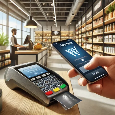 a person using a digital wallet on their smartphone for a contactless payment at a retail store. It captures the transaction at the payment terminal, showing the confirmation on the phone's screen and the store setting.