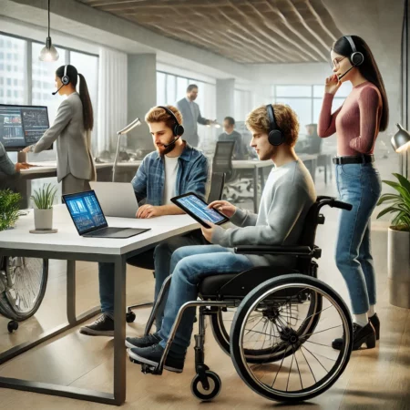 a diverse group of individuals using assistive technology in a modern, inclusive workspace.