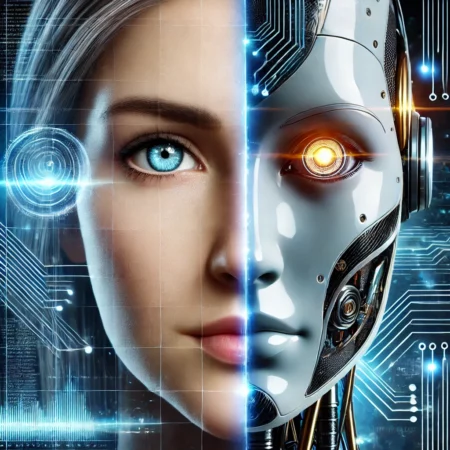 A futuristic half-human, half-machine AI figure, symbolizing the fusion of human intelligence and artificial intelligence, with one side of the face and body natural, and the other side robotic with glowing circuits and data patterns.