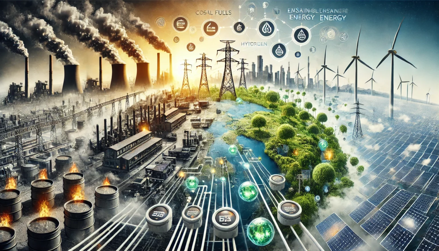 A global energy landscape transitioning from fossil fuels to renewable energy, showing coal plants and oil rigs alongside solar panels, wind turbines, and green hydrogen facilities.