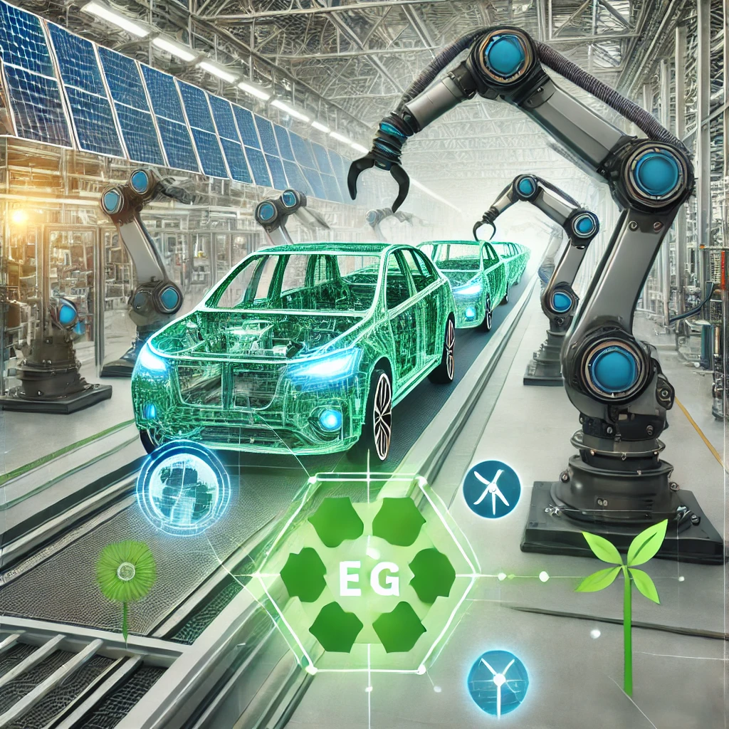 Car assembly line integrating robotic arms, eco-friendly materials, and renewable energy symbols.