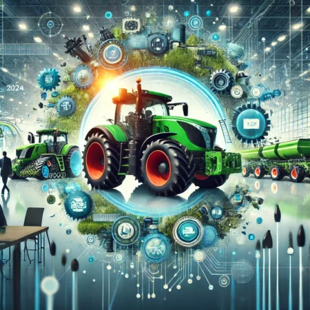 Modern tractors and agricultural machines showcasing innovations at the EIMA 2024 tradeshow, with a focus on sustainable farming and advanced technology.