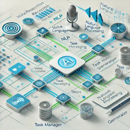 A detailed architecture diagram illustrating the flow of data in a personal AI assistant, highlighting key components such as voice recognition, NLP, and task management.