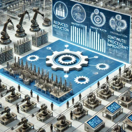 Illustration of a lean supply chain model with robots and human workers optimizing production, reducing waste, and achieving continuous process improvement (kaizen) through real-time data dashboards.