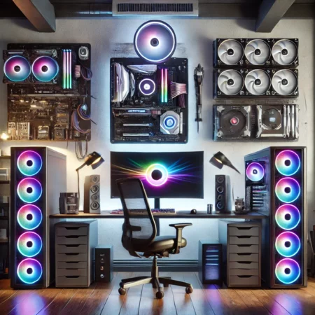 A modern workstation setup designed for building a custom PC optimized for AI and machine learning, featuring a powerful desktop tower with RGB lighting, dual monitors, and organized PC components.