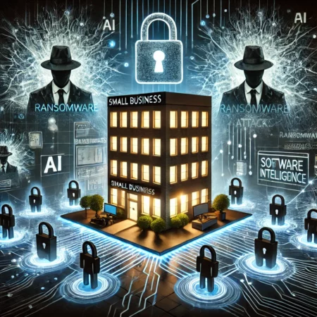 A small business depicted as a modern office building is surrounded by dark, shadowy figures representing ransomware attacks. These figures hold chains and locks, symbolizing the security breaches affecting the business. A network of glowing AI codes, arranged in a neural network pattern, surrounds the scene, showcasing the dual role AI plays in both attacking and defending against cyber threats. The overall atmosphere is tense, emphasizing the vulnerability of businesses but also hinting at advanced tech solutions.