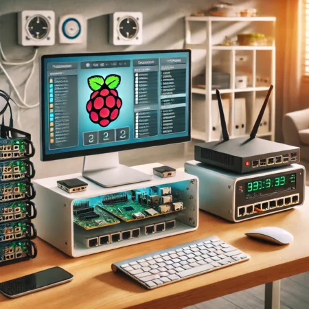 A home office setup with a personal cloud server, featuring a Raspberry Pi or desktop computer connected to external storage drives, with file synchronization displayed on a monitor.