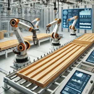 A futuristic construction site showcasing robotic arms assembling prefabricated wooden panels on a sleek assembly table. A worker monitors the process, ensuring smooth operations while digital monitors display construction metrics in the background. The scene emphasizes modern construction techniques, where automation, precision, and sustainability converge for efficient building processes.