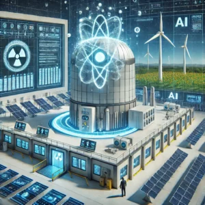 Futuristic energy facility with a small modular nuclear reactor, solar panels, and wind turbines, symbolizing the integration of nuclear and renewable energy to power AI technologies.