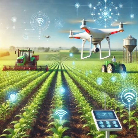 a modern, high-tech agricultural field, featuring advanced technology like drones, automated machinery, and sensors monitoring the crops. It reflects the blend of nature and innovation in today's agri-tech advancements.