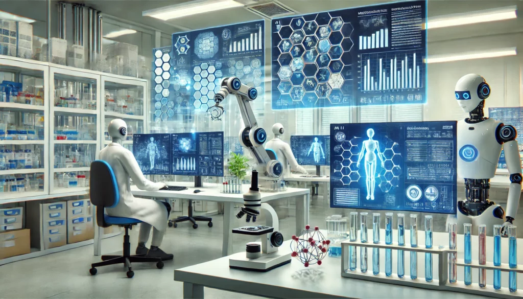 high-tech lab environment showcasing advanced equipment, scientists at work, and AI-driven robotic arms, reflecting the theme of innovation and precision in drug discovery.